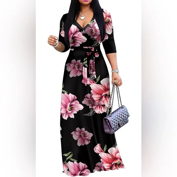 NWOT Plus Size Floral V-Neck 3/4 Sleeve Maxi Dress Size XL - Picture 1 of 6
